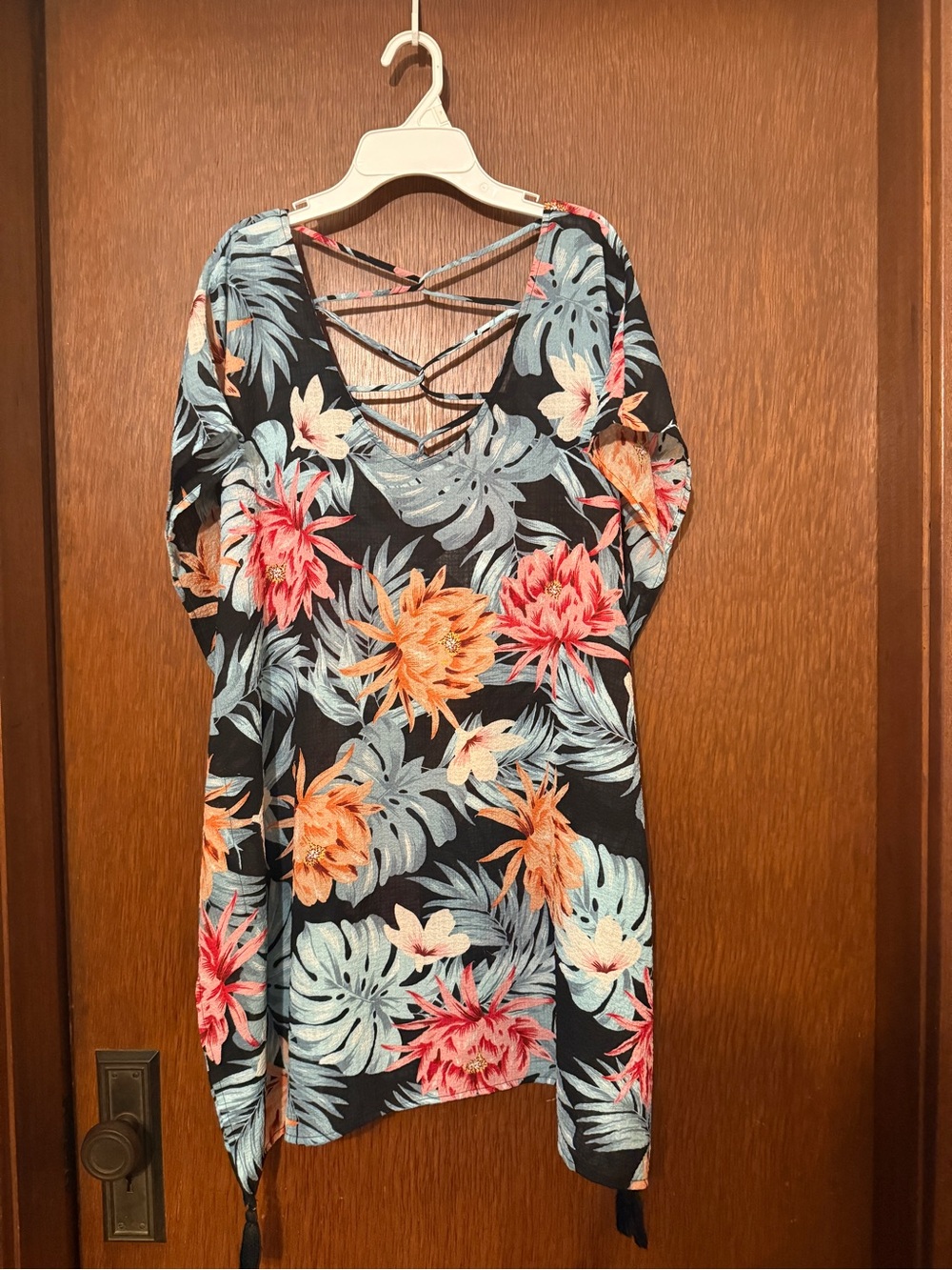 Kona Sol Black Floral Swim Cover-Up with Pink & Orange Blooms
